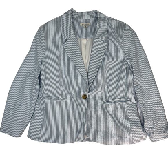 Free Assembly XL Blue White Stripe Cotton Blazer Lined Seersucker Jacket - Picture 2 of 7